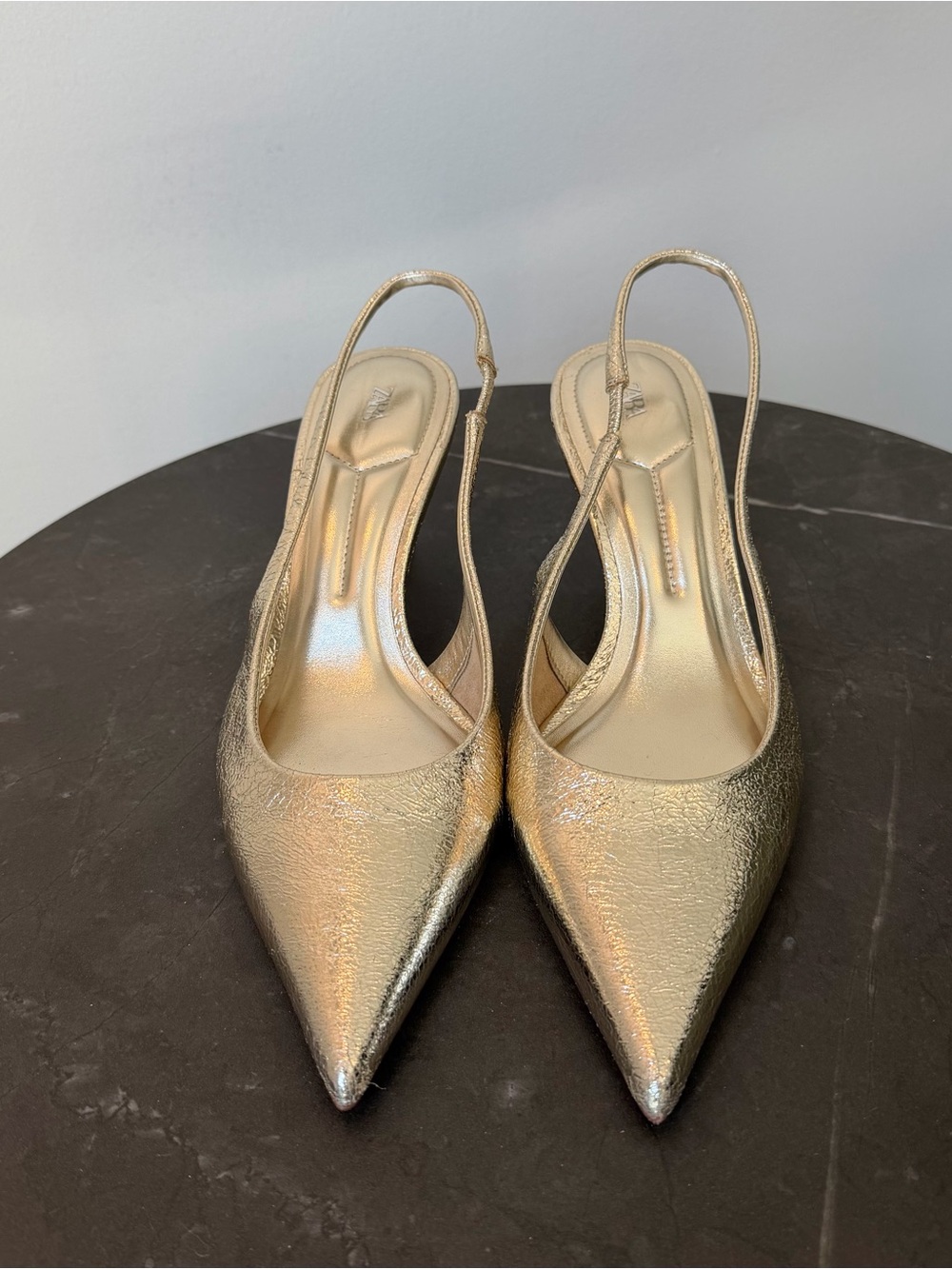 Slingback Kitten Heel Shoes. Gold Metallic Effect